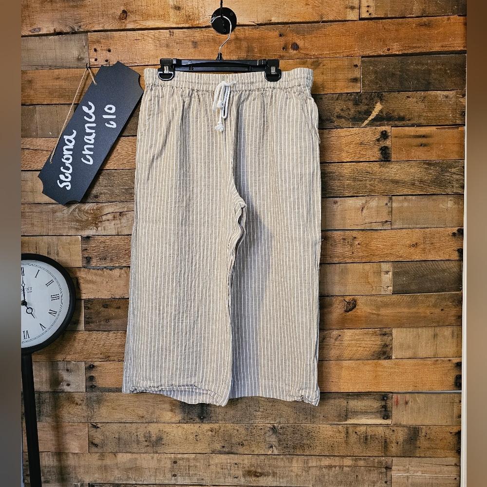 Beachlunchlounge Women's Tan Margo‎t Striped Linen Wide Leg Pants Size L